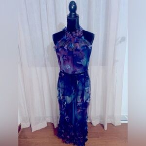 Marchesa Notte, Blue and Purple Sleeveless Halter Gown, Butterfly Floral, WOW!